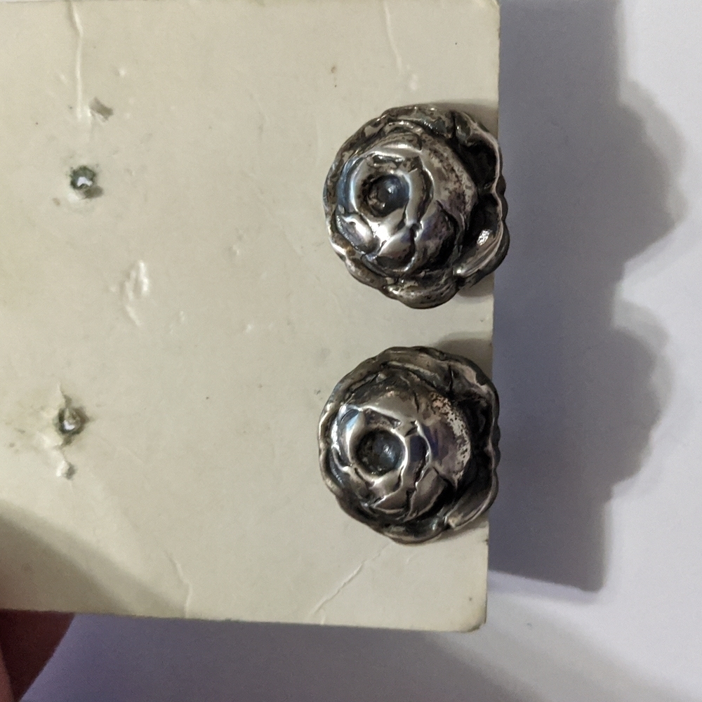 Vintage Sterling Silver Rose Screw Back Clip On Statement Earrings